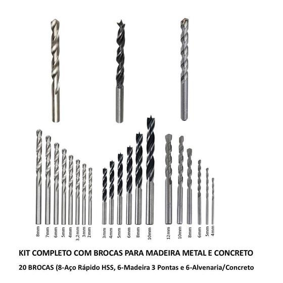 KIT 20 Brocas Sortidas Madeira Concreto Aço Rápido 2 a 12mm Completo ...