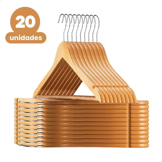 Imagem de Kit 20 Cabide De Madeira Adulto Marfim Organizador Closet Gancho Giratório