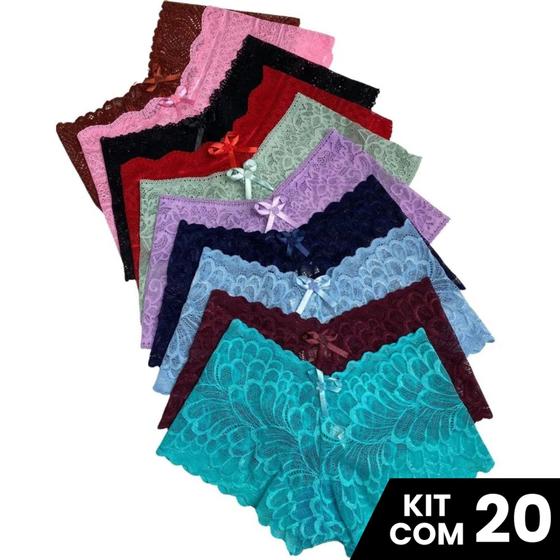 Imagem de Kit 20 Calcinhas Caleçon Shortinho Renda Sexy Confortável Com Forro Algodão Estilo Romântico