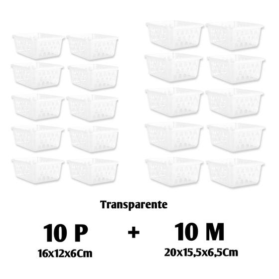 Kit 20 Cestos Organizador 10 M + 10 Pequeno Transparente Menor preço em Kit 20 Cestos Organizador 10 M + 10 Pequeno Transparente