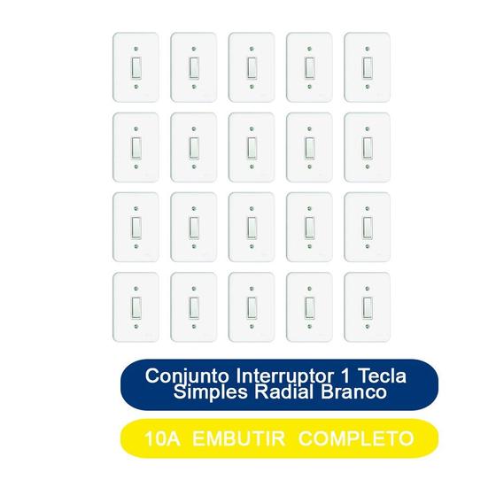 Imagem de Kit 20 Conjunto Interruptor 1 Tecla Simples 10A Embutir Radial Branco Completo