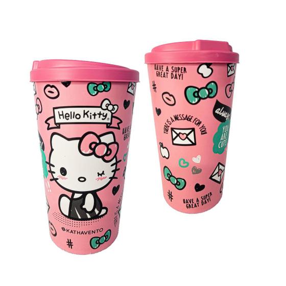Imagem de Kit 20 Copos Bucks Hello Kitty com Tampa Rosa Plastico Pop