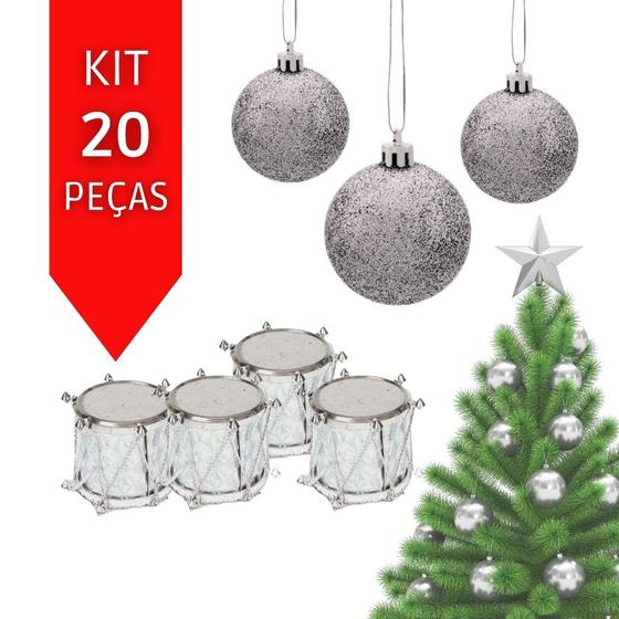 Imagem de Kit 20 Enfeites Árvore de Natal Pendentes Natalinos Decoração Prata