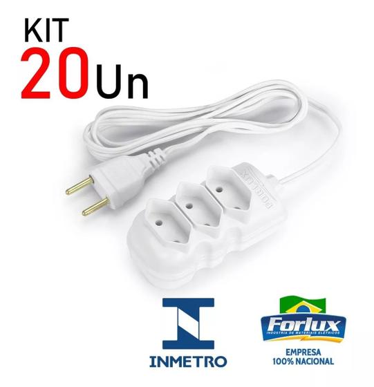 Imagem de Kit 20 Extensão Elétrica Bipolar Branca com 3 Tomadas 5 Metros Bivolt 10A