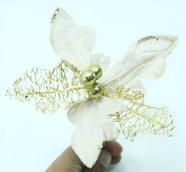 Imagem de Kit 20 Flor Artificial Decoração Brilho Glitter Ouro 15cm