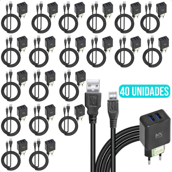 Imagem de Kit 20 Fonte Turbo De Parede Duas Portas Usb E 20 Cabo V8 Micro Usb 1.8m Carregamento Rapido 