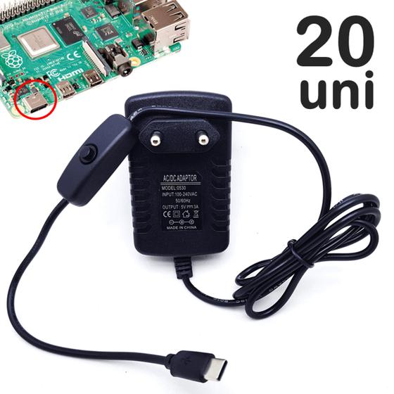 Imagem de kit 20 Fontes De Alimentação 5v 3A Para Raspberry Pi 2 Pi 3 Pi 3b Usb-C Botão ON/OFF U1002