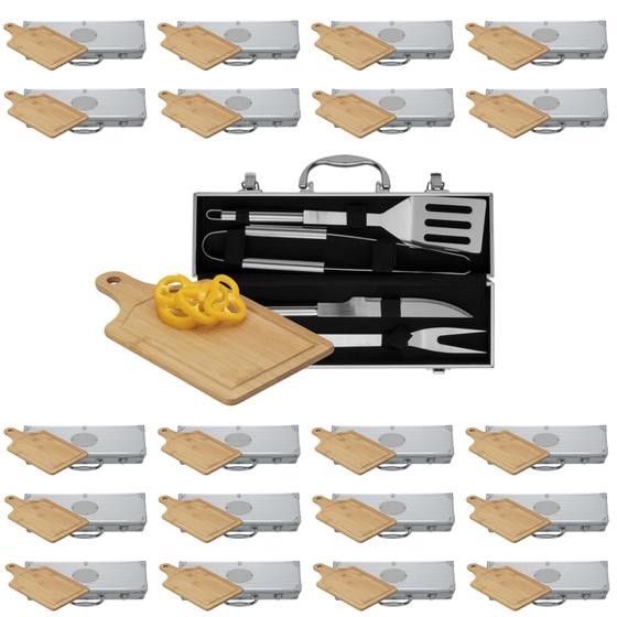 Imagem de Kit 20 - Kits Para Churrasco 4 Peças Inox Com Tábua de Corte