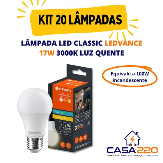 Imagem de Kit 20 Lâmpadas Led 17W E27 3.000K Luz Quente Bivolt Ledvance