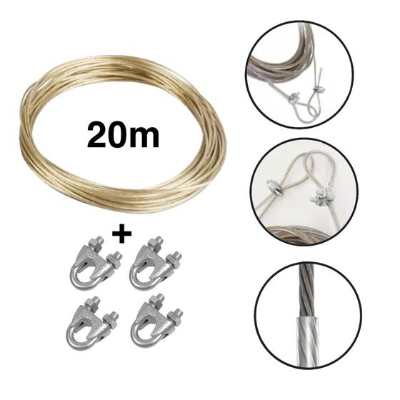Imagem de Kit 20 metros corda cabo de aço para varal reforçado revestido c/ 4 clips