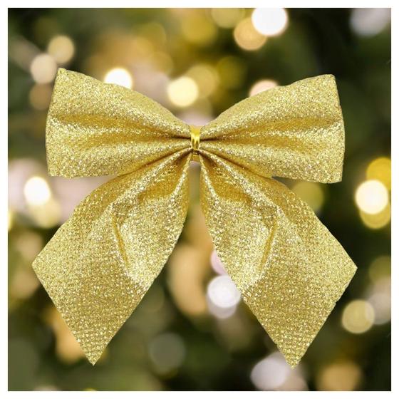 Imagem de Kit 20 Peças Enfeite Árvore Natal Laço Lacinho Dourado Glitter Brilhante 9cm