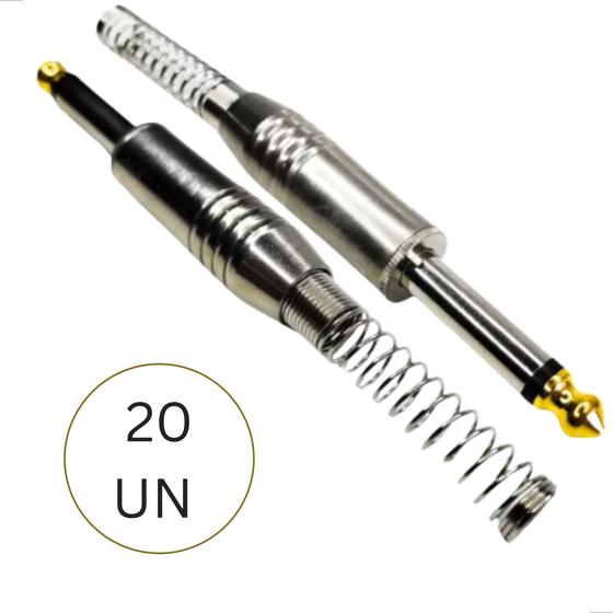 Imagem de Kit 20 Plug P10 Mono Com Mola Ponta Dourada Conector Metálico