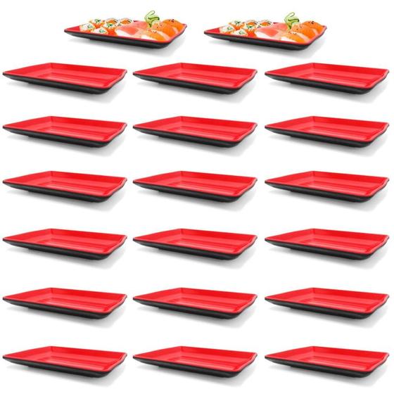 Imagem de Kit 20 Pratos em Melamina Retangular 21x13 Cm Vermelho para Petiscos e Sushis  Fuxing 