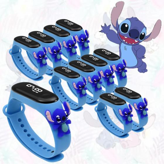 Imagem de Kit 20 Relógio Digital Led Infantil A Prova D'água Stitch Azul Menina Menino