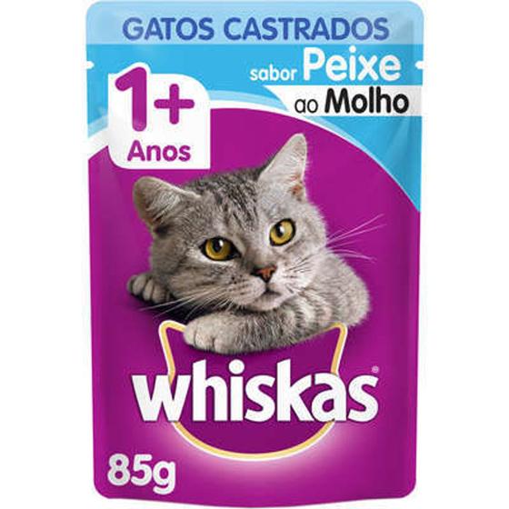 Imagem de kit 20 saches whiskas castrados: 10 sabor carne +'10 sabor peixe 85gr