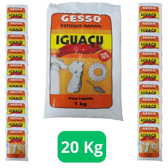 Imagem de Kit 20 Sacos De Gesso Estuque Rapído Em Pó Saco 1 Kg Branco