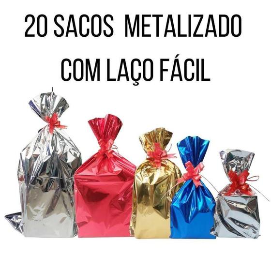 Imagem de Kit 20 Sacos De Presente Metalizado Vários Tamanhos Com Laço