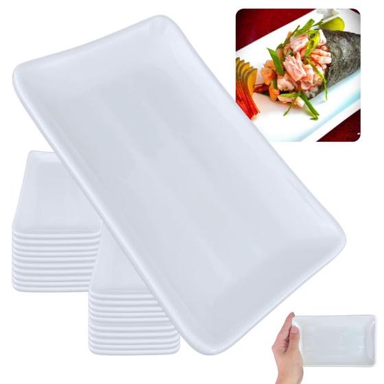 Imagem de Kit 20 Travessas Pratos Retangulares Branco para Petiscos e Sushi 17,8 Cm para Restaurante Melamina Premium Bestfer