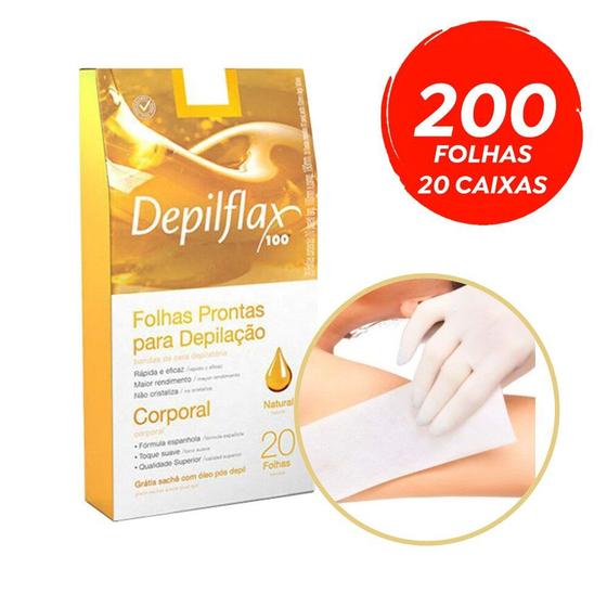 Imagem de Kit 200 Folhas Prontas Depilação Corporal Depilflax Natural 10 Caixas c/20u