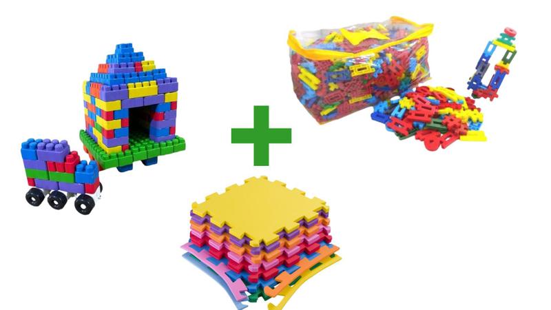Imagem de Kit 200 peças de lig barras infantil para  montar + 100 peçinhas de multi blocos infantis para montar + 2 tatames 50x50 