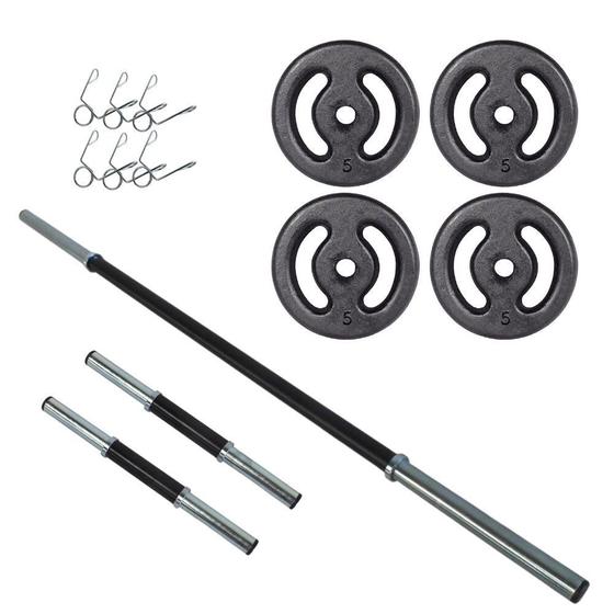 Kit 20kg Anilhas+2 Barras 40cm+1 Barra 120cm Com Presilhas Menor preço em Kit 20kg Anilhas+2 Barras 40cm+1 Barra 120cm Com Presilhas