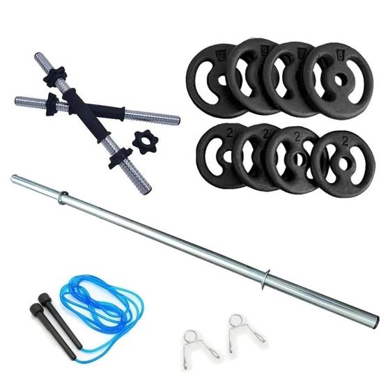 Imagem de Kit 20kg Anilhas+2 Barras 40cm Com Rosca+1 Barra 120cm+corda