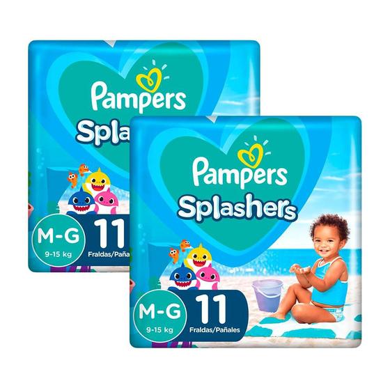 Imagem de Kit 22 Fraldas Pampers para Água Splashers Baby Shark M-G