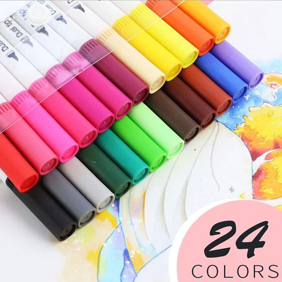 Imagem de Kit 24 Caneta 2 em 1 Brush Lettering e Ponta Fina Dual Pen Canetinha Colorir Desenho