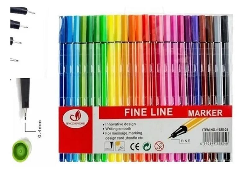 Kit 24 Cores Caneta Hidrográfica Fineliner Ponta Fina 0.4mm Menor preço em Kit 24 Cores Caneta Hidrográfica Fineliner Ponta Fina 0.4mm