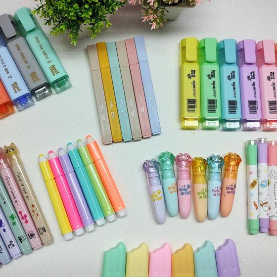 Imagem de Kit 24 Mini Canetas Marca Texto Fofo Fofinhos Carinha Kawaii Neon Pastel