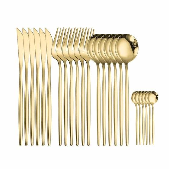 Imagem de Kit 24 Peças Talheres Dourado de Aço Inox Garfo Colher Faca Colher De Mesa