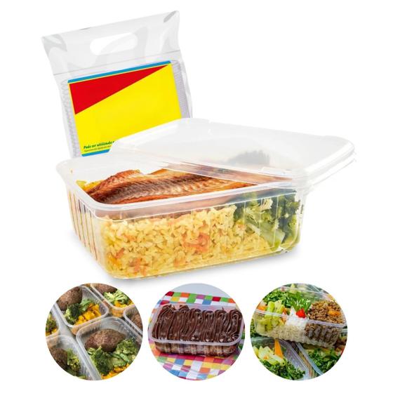 Imagem de Kit 24 Pote Retangular de Plástico 500ml Marmita Fit Bolo no Pote de Sorvete Transparente Com Tampa