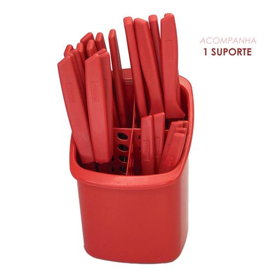 Imagem de Kit 24 Talheres + Suporte de garfo faca colher sopa Conjunto Talheres Capri Peças Vermelho cozinha casa