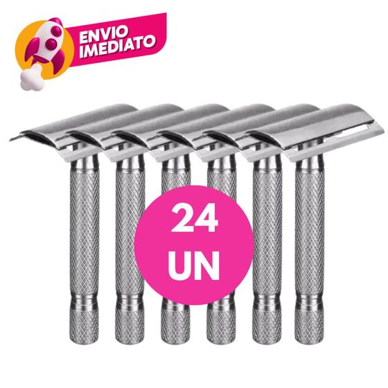 Imagem de Kit 24 Un. Aparelho Barbeador Barba Metal Clássico Manual Retrô Vintage Com 01 Lâmina Lord