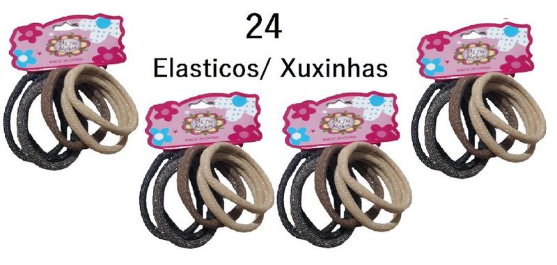 Imagem de Kit 24 Unidades Liga Elástico Meia Xuxinha Preto Marrom e Bege com Glitter para Prender os Cabelos