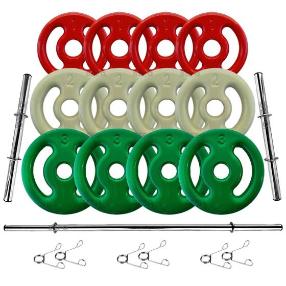 Imagem de Kit 24Kg Anilhas Emborrachadas com Barras de 40cm e 1,20m
