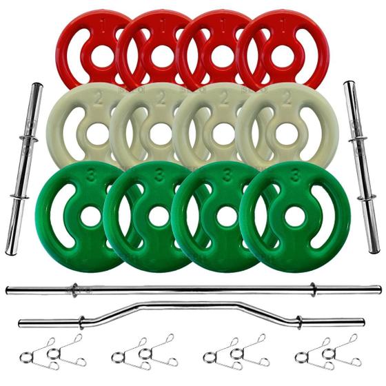 Imagem de Kit 24Kg Anilhas Emborrachadas com Barras de 40cm e 1,50m + Barra W 1,20m