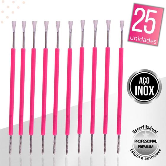 Imagem de Kit 25 Espátula Cutícula Manicure Mista Cutelaria Rosa Silicone Empurrador Palito Unha Aço Inox