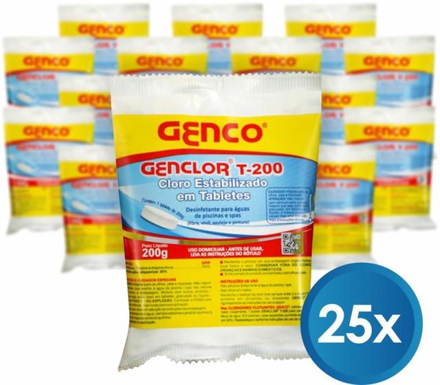Imagem de Kit 25 Pastilha Pedra Tablete de Cloro Estabilizado Genclor T-200 Genco Para Piscinas