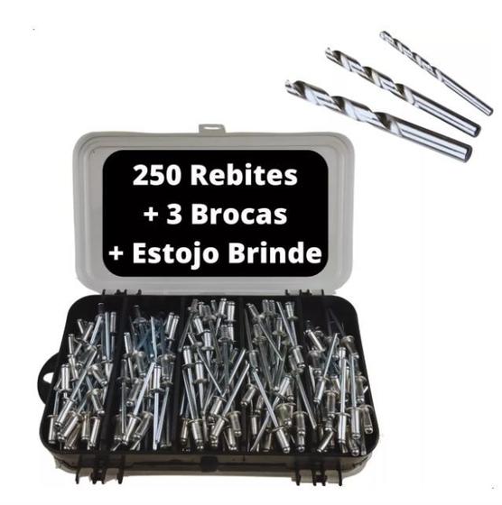 Imagem de Kit 250 Rebite Pop Repuxo Estojo Organizador 3 brocas