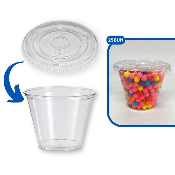 Imagem de Kit 250un Copo 260ml Pet Cristal Transparente 9oz/98  Tampa Reta SEM Furo Bompack