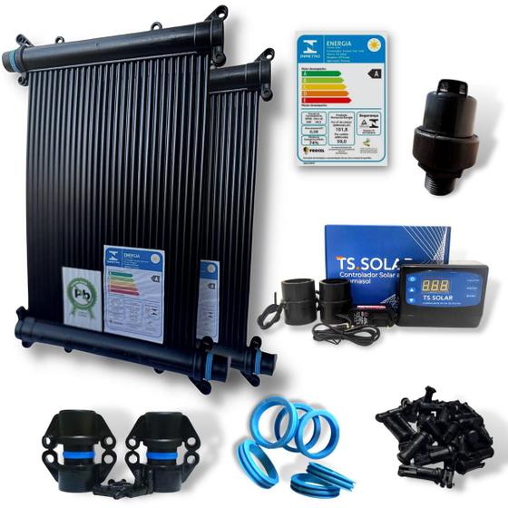 Imagem de Kit 28 Placas Coletoras 4mt - Aquecedor Solar Piscinas com 33,5m² / 47.000 Litros + Controlador de Temperatura e Válvula