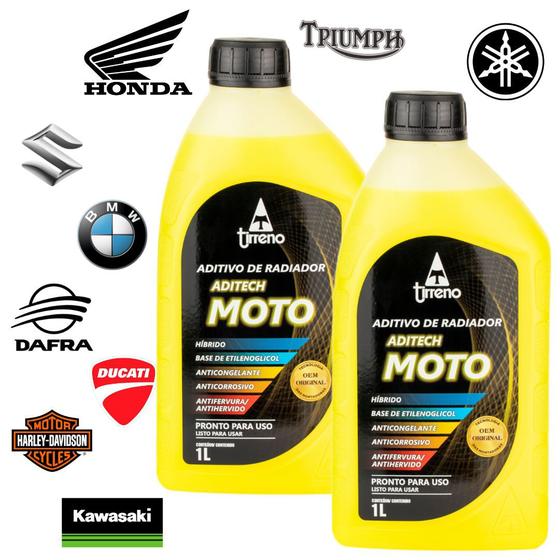 Imagem de Kit 2L Aditivo Radiador Moto Amarelo Pronto Uso Original Tirreno aprovado Honda Yamaha Suzuki BMW Dafra Kawasaki Triumph Ducati Harley-Davidson