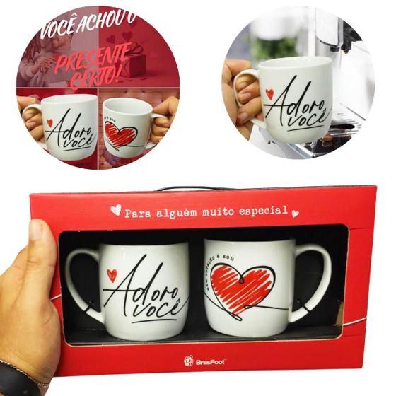 Imagem de Kit 2Un Caneca Branca Porcelana 300ml Café Meu Coração É Seu Presente Dia dos Namorados Casal