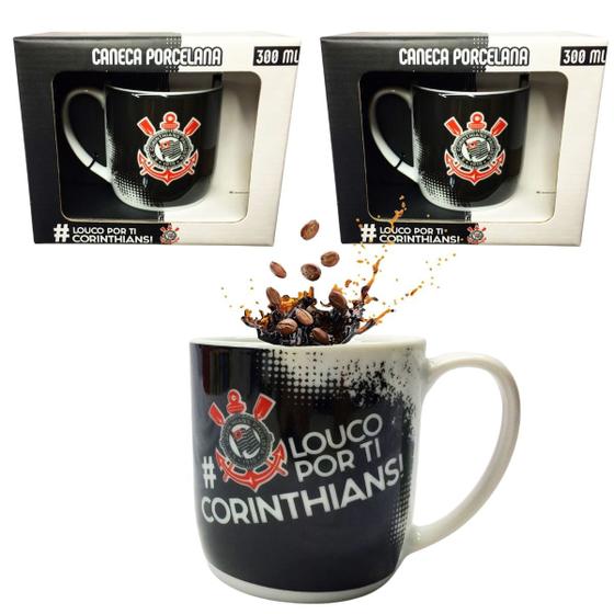 Imagem de Kit 2Un Caneca Xicara Porcelana Preto Premium 300ml Café Loucos Por Tí Corinthians Oficial