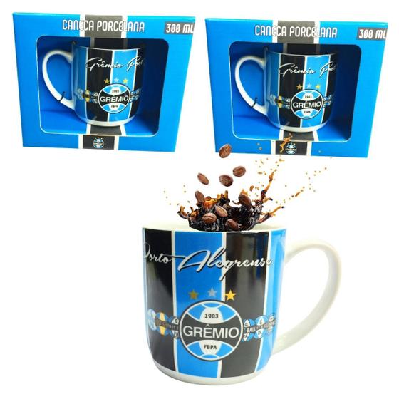 Imagem de Kit 2Un Caneca Xícara Porcelana Reforçada 300ml Azul Café Chá Escudo Emblemas Grêmio Oficial