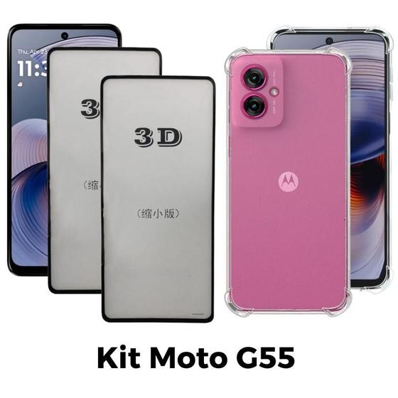 Imagem de Kit 2UN Película 3D de Vidro + Capa Transparente para Motorola Moto G55