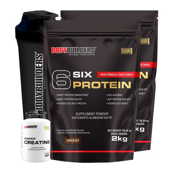 Imagem de Kit 2x 6 Six Protein 2kg + Power Creatina 100g + Coqueteleira  Bodybuilders