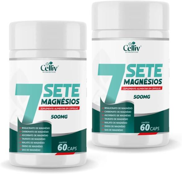 Imagem de Kit 2x -7Sete Magnésios (Bisglicinato,Carbonato,Ascorbato,Taurato,Malato +) 60 Caps 500mg Celliv