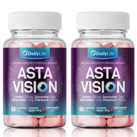 Imagem de Kit 2x Asta Vision Suplemento Alimentar com Luteína Zeaxantina Astaxantina e Vitamina A 60 Comprimidos Mastigáveis Sabor Morango 1.000 Mg